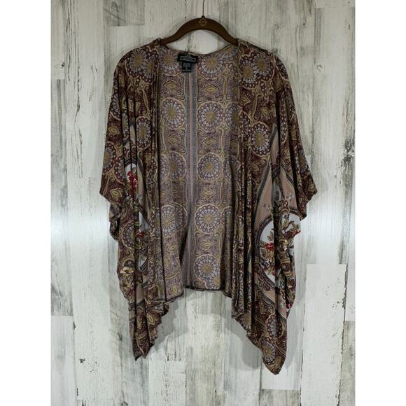 Angie Kimono Size Small Oversized Brown Multi Medallion Floral Boho Open Front - Picture 1 of 10